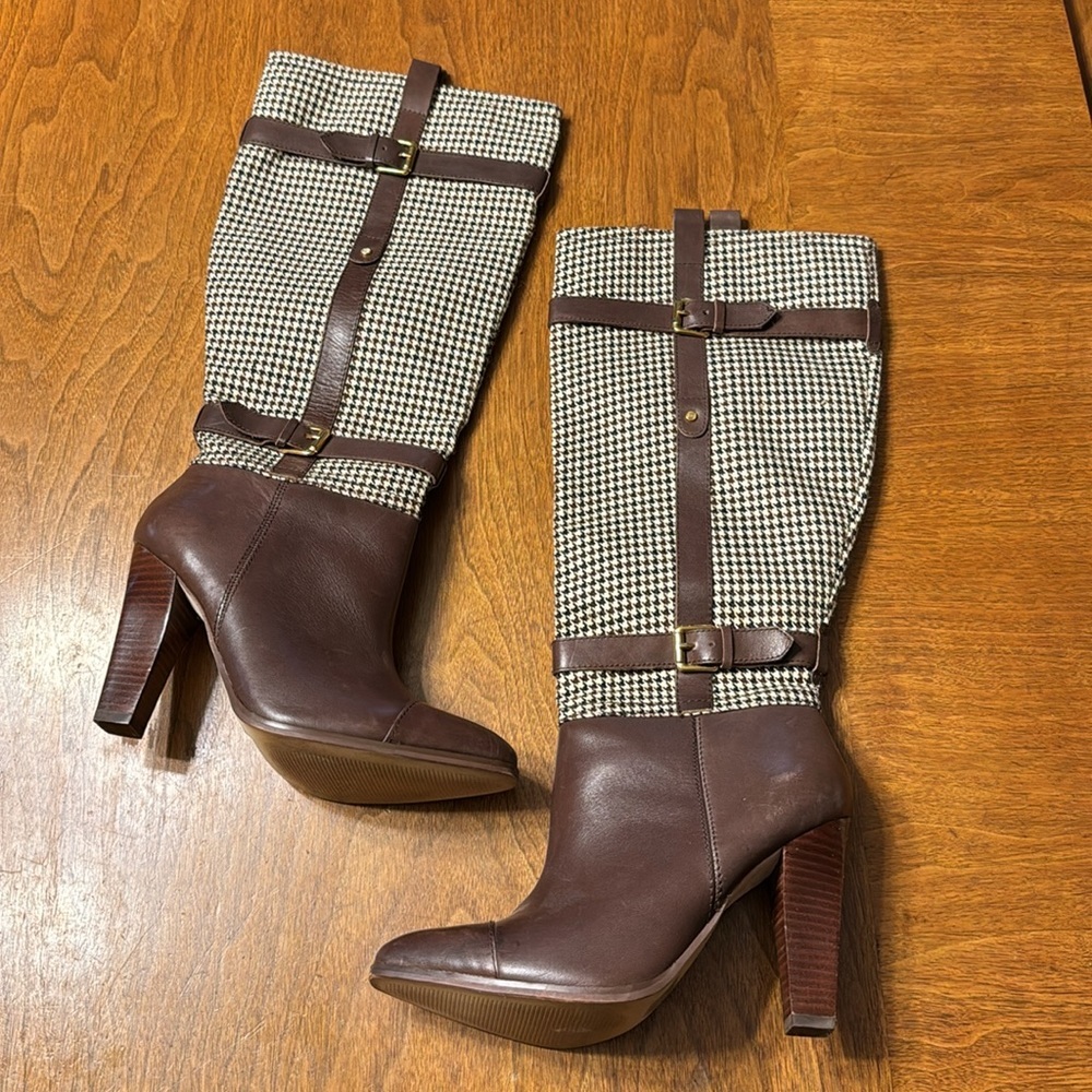 Tommy Hilfiger Frita Brown Leather Houndstooth High Block Heels Tall Boots 8 - Picture 3 of 15